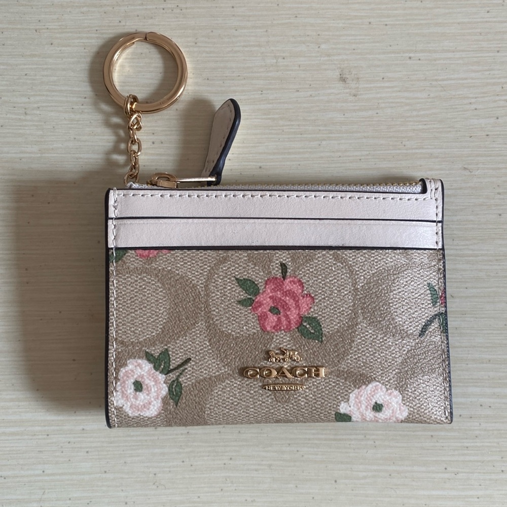 Coach Tan and Pink Key Card Holder with Floral Design